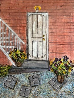 Red brick wall with white staircase and door with two impatient flower pots