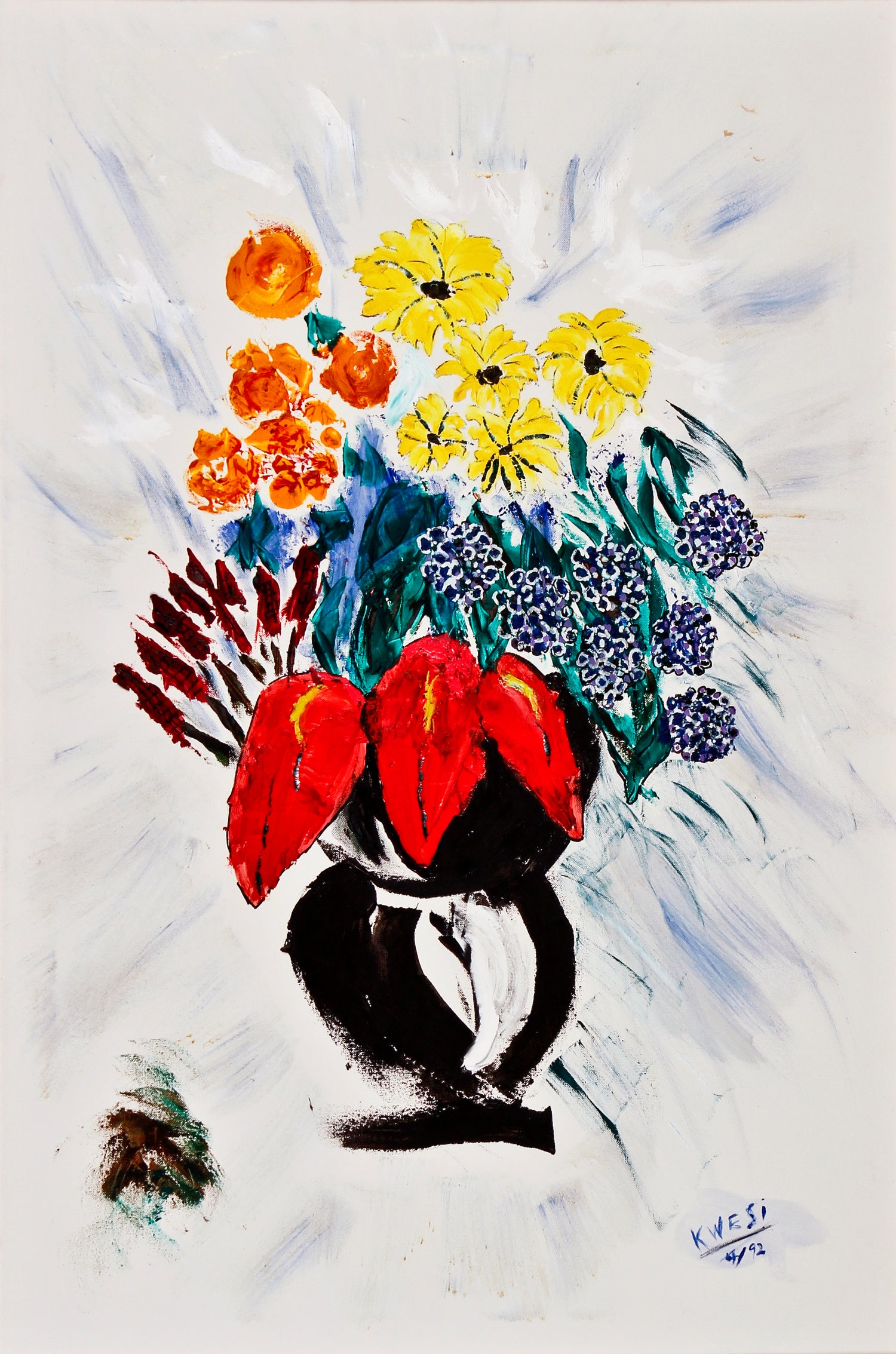 Colorful Spring Flowers in a black and white Vase